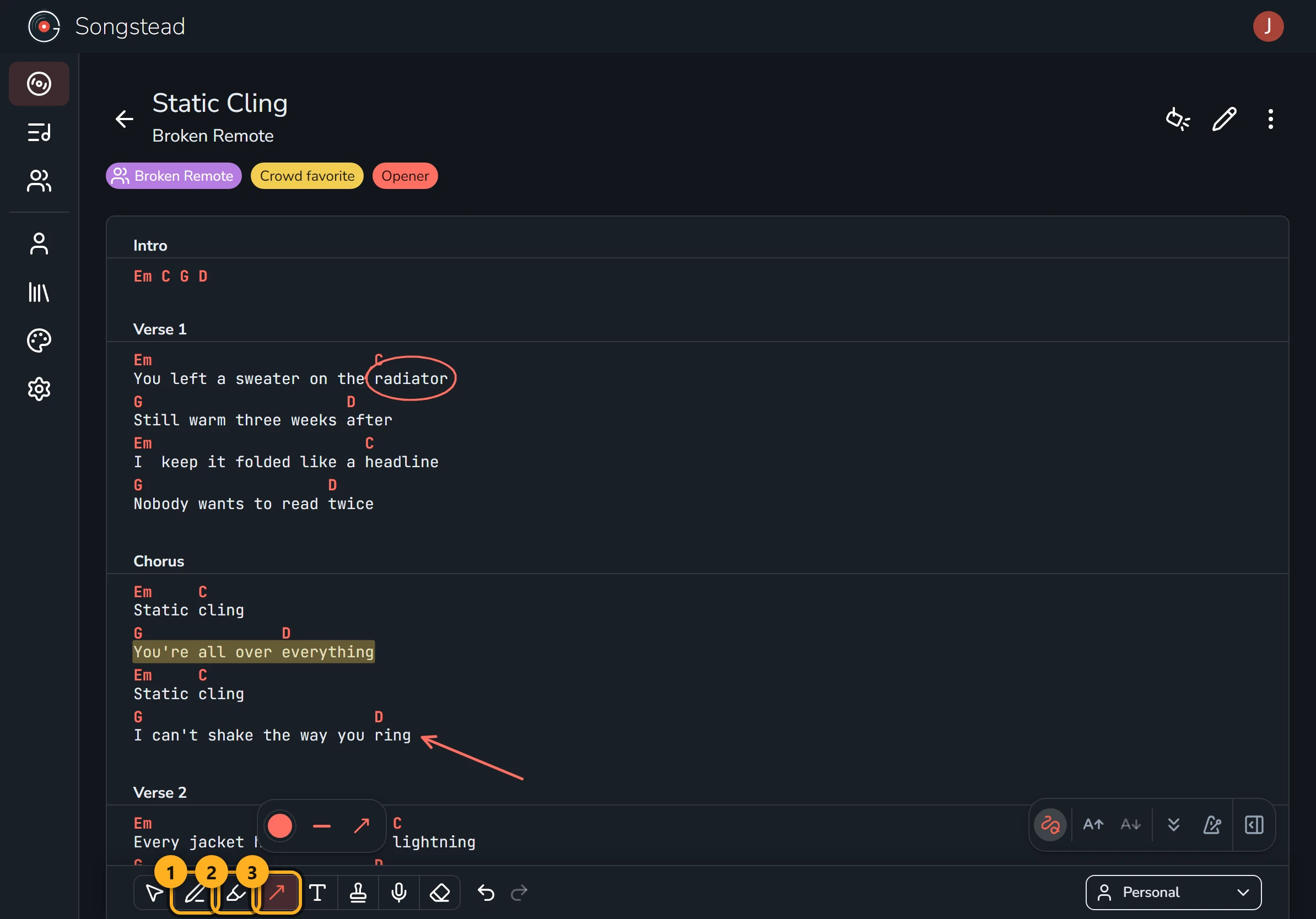 Static Cling with the annotation toolbar open along the bottom. "radiator" in Verse 1 is circled in red pen, "You're all over everything" in the Chorus is highlighted in yellow, and a red arrow points at "ring". The pen, highlighter and arrow buttons on the toolbar are highlighted and numbered 1 to 3, and the arrow's color and style settings float above it.