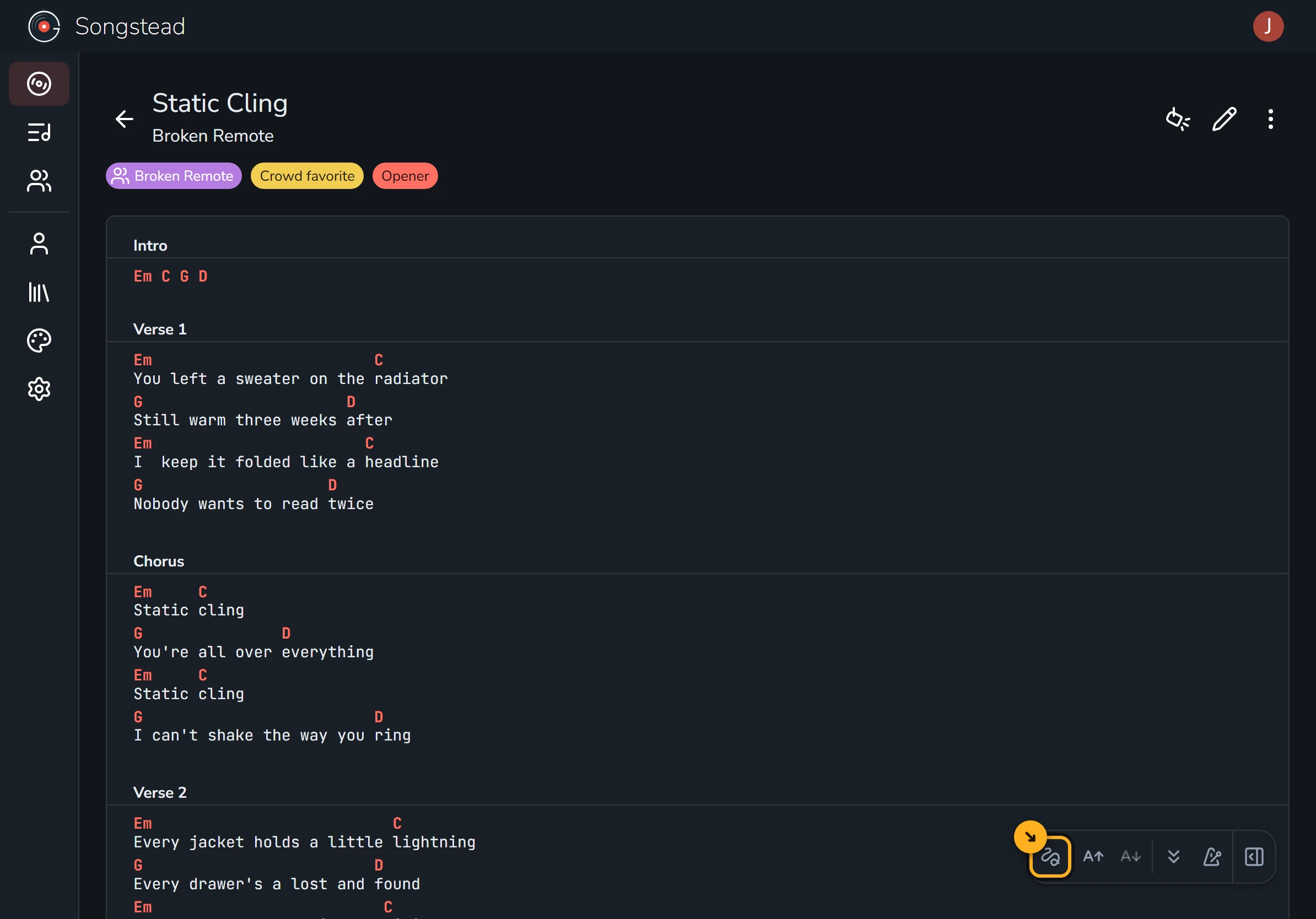 Static Cling's song page, showing the chart with the Intro, Verse 1 and Chorus. The annotation icon, a squiggle at the left of the controls in the bottom right corner, is highlighted.
