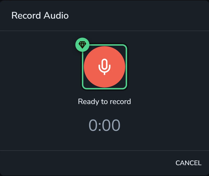 The Record Audio dialog, reading "Ready to record" with a timer at 0:00 and a Cancel button. The large red microphone button that starts recording is highlighted as a Backstage feature.