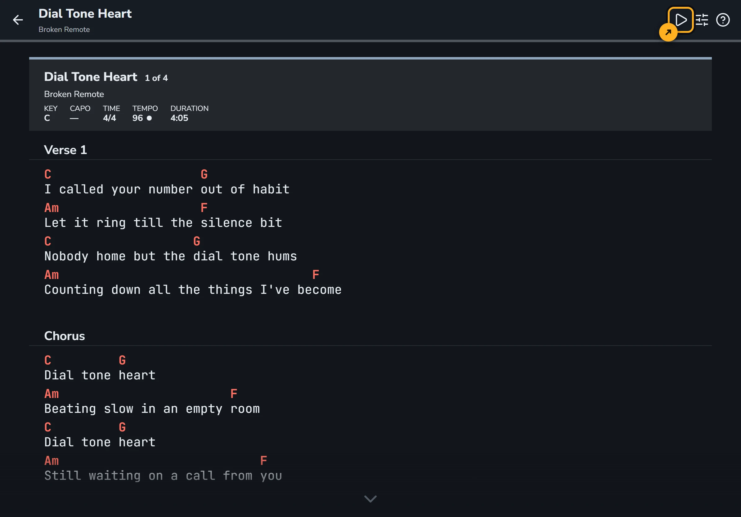 Live Mode showing Dial Tone Heart, the first of four songs in a set, scrolling vertically. The play button at the top right of the screen is highlighted.