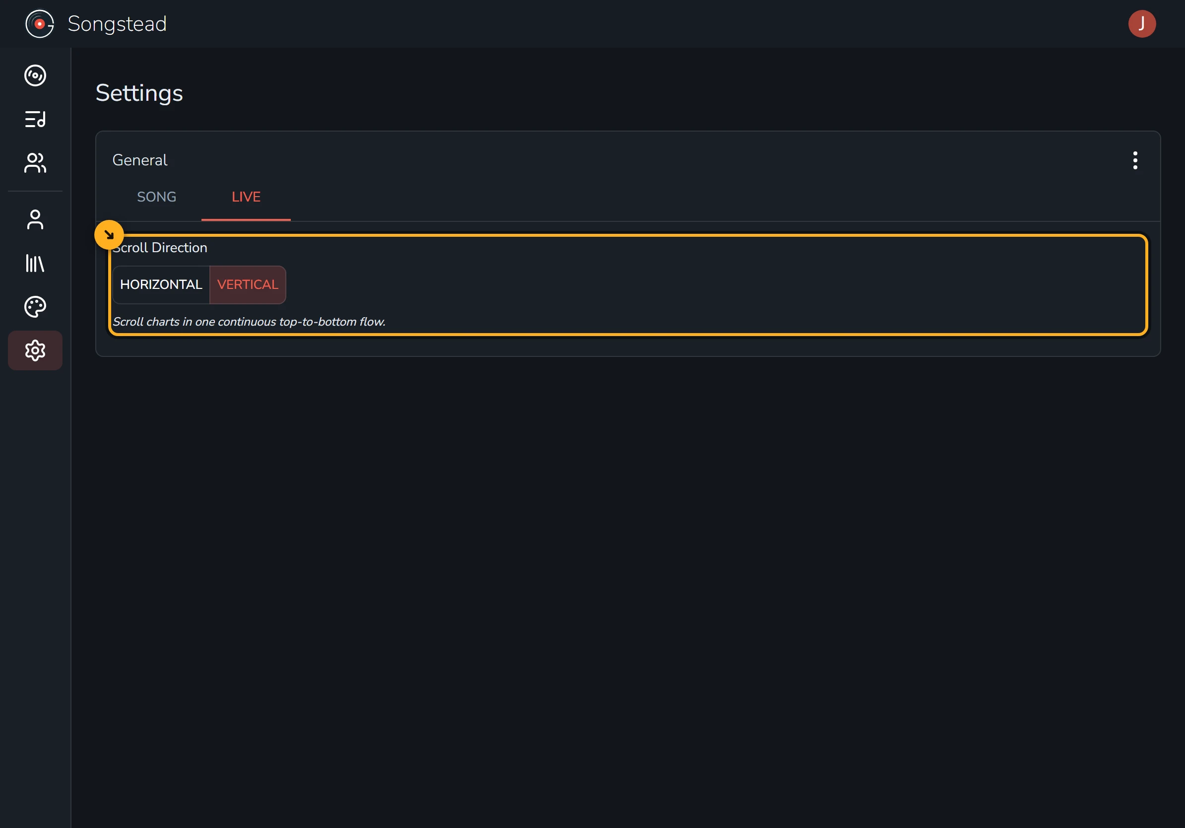 The Live tab of Settings. The Scroll Direction setting is highlighted, with Vertical selected over Horizontal and the description "Scroll charts in one continuous top-to-bottom flow."