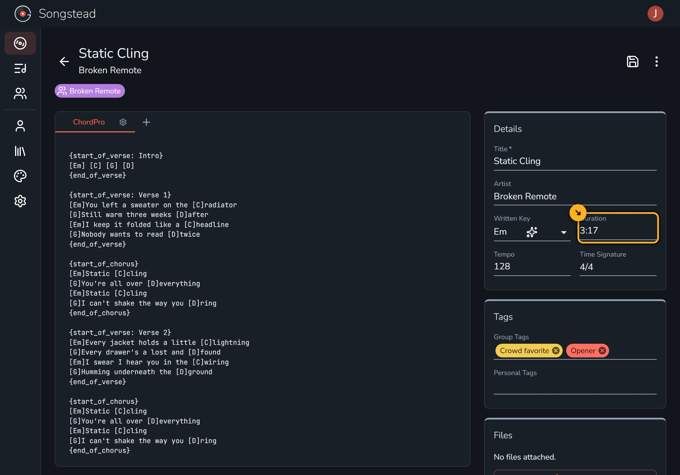 Static Cling's edit screen, with the chart on the left and the Details panel on the right. The Duration field, set to 3:17, is highlighted.