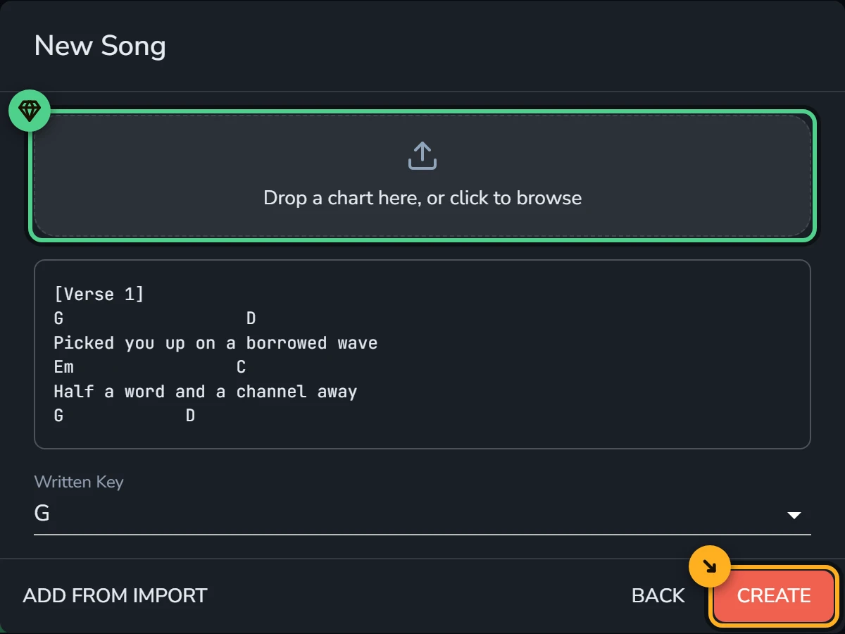 The second step of the New Song dialog. The file drop zone at the top is marked in green as a Backstage feature. Below it is a chords-over-lyrics chart pasted into the chart box, the Written Key field reading G, and the highlighted Create button.