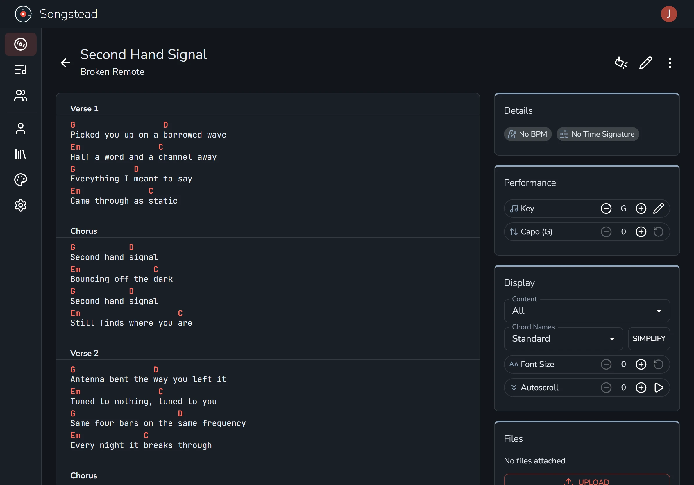 The finished song open in Songstead, its chart showing chords above the lyrics with the verses, choruses and bridge labelled, and its key, capo and display settings in a panel down the right.