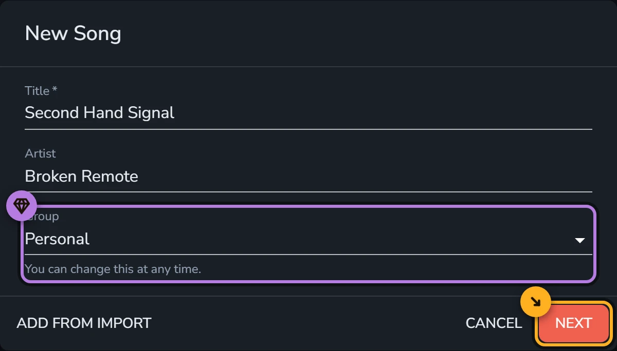 The first step of the New Song dialog, with Second Hand Signal in the Title field, Broken Remote in the Artist field, the Group field set to Personal and marked in purple as a Harmony feature, and the Next button highlighted.