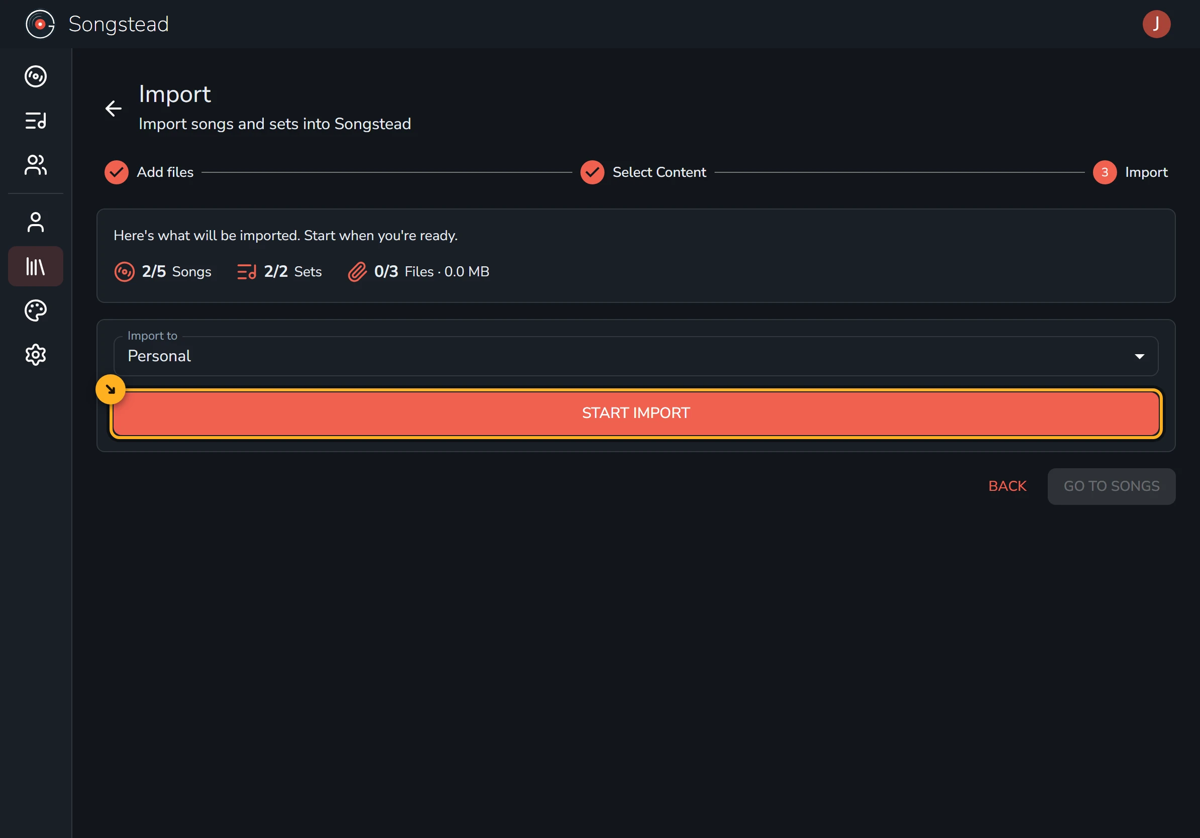 The Import step of the import wizard, showing what is about to be imported and the highlighted Start Import button.