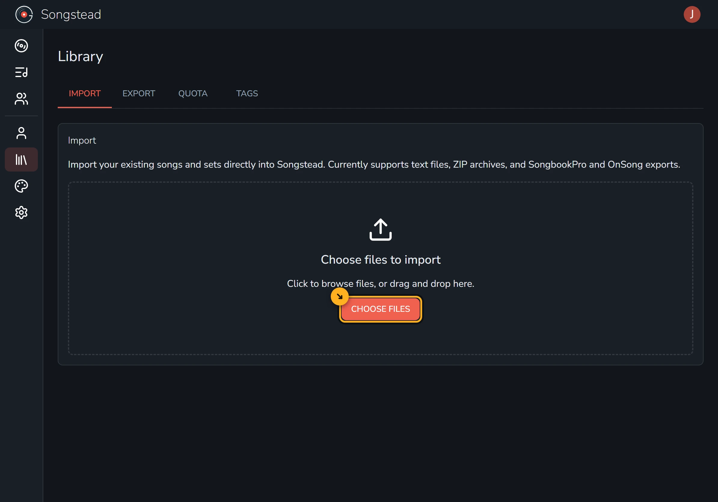 The Library screen on its Import tab, showing a dashed drop zone with the Choose Files button highlighted inside it.