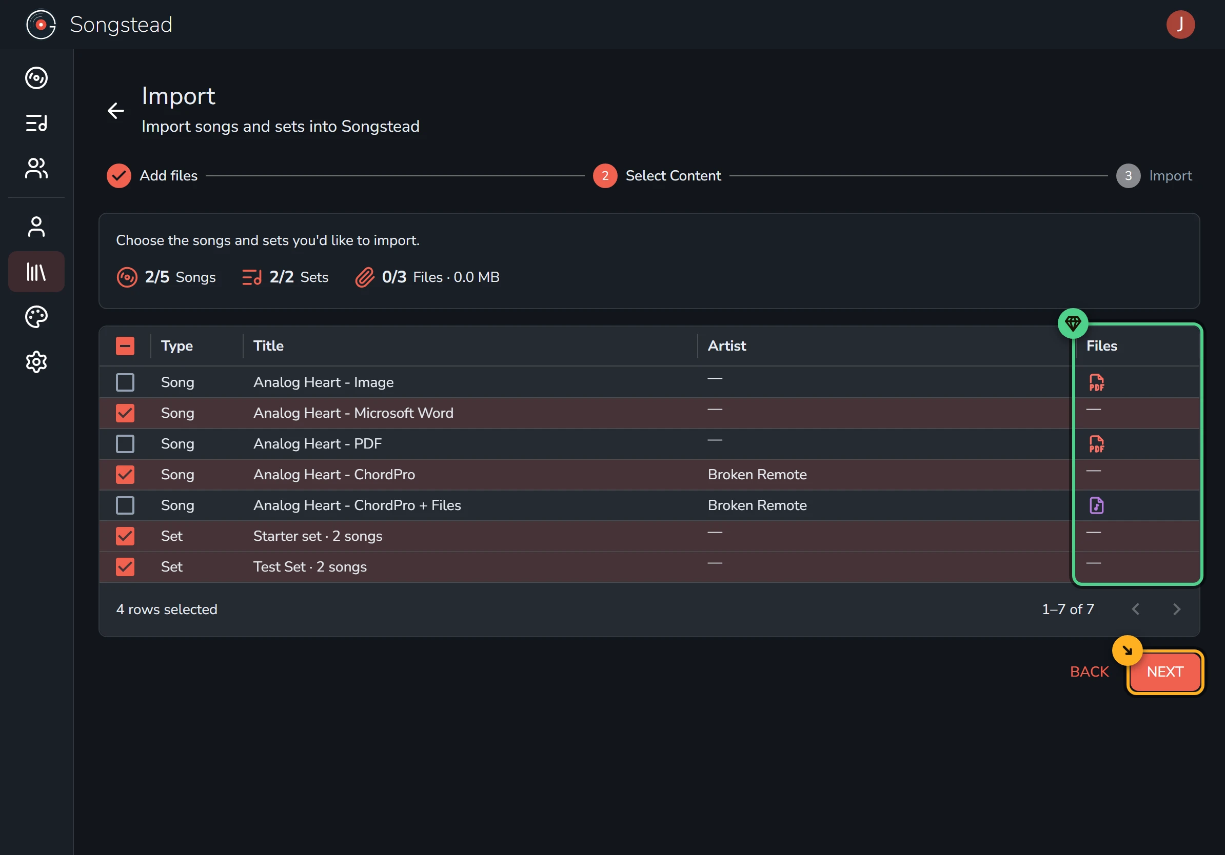 The Select Content step of the import wizard: a table of five songs and two sets, each row with a checkbox, and a Files column marking the songs that brought a file with them, marked in green as a Backstage feature. Three of the songs are unchecked, and the Next button is highlighted.