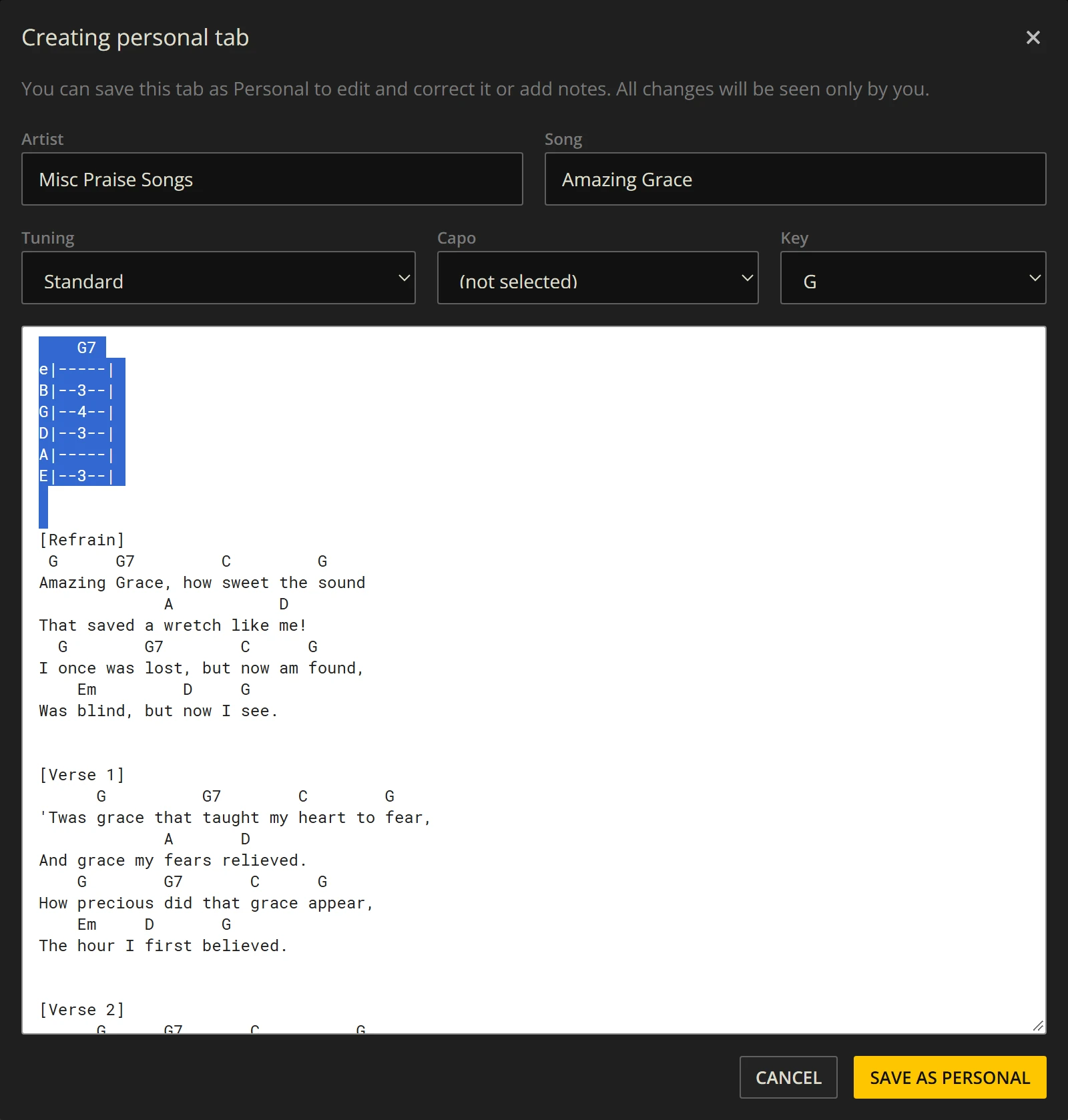 Ultimate Guitar's Creating personal tab dialog, with the artist, song, tuning, capo and key fields above a large text box holding the chart. A few lines of G7 tab at the top of the chart are selected, ready to delete. Below them the chart starts at Refrain, with chords written above the lyrics, followed by Verse 1. Cancel and Save as Personal buttons sit at the bottom.