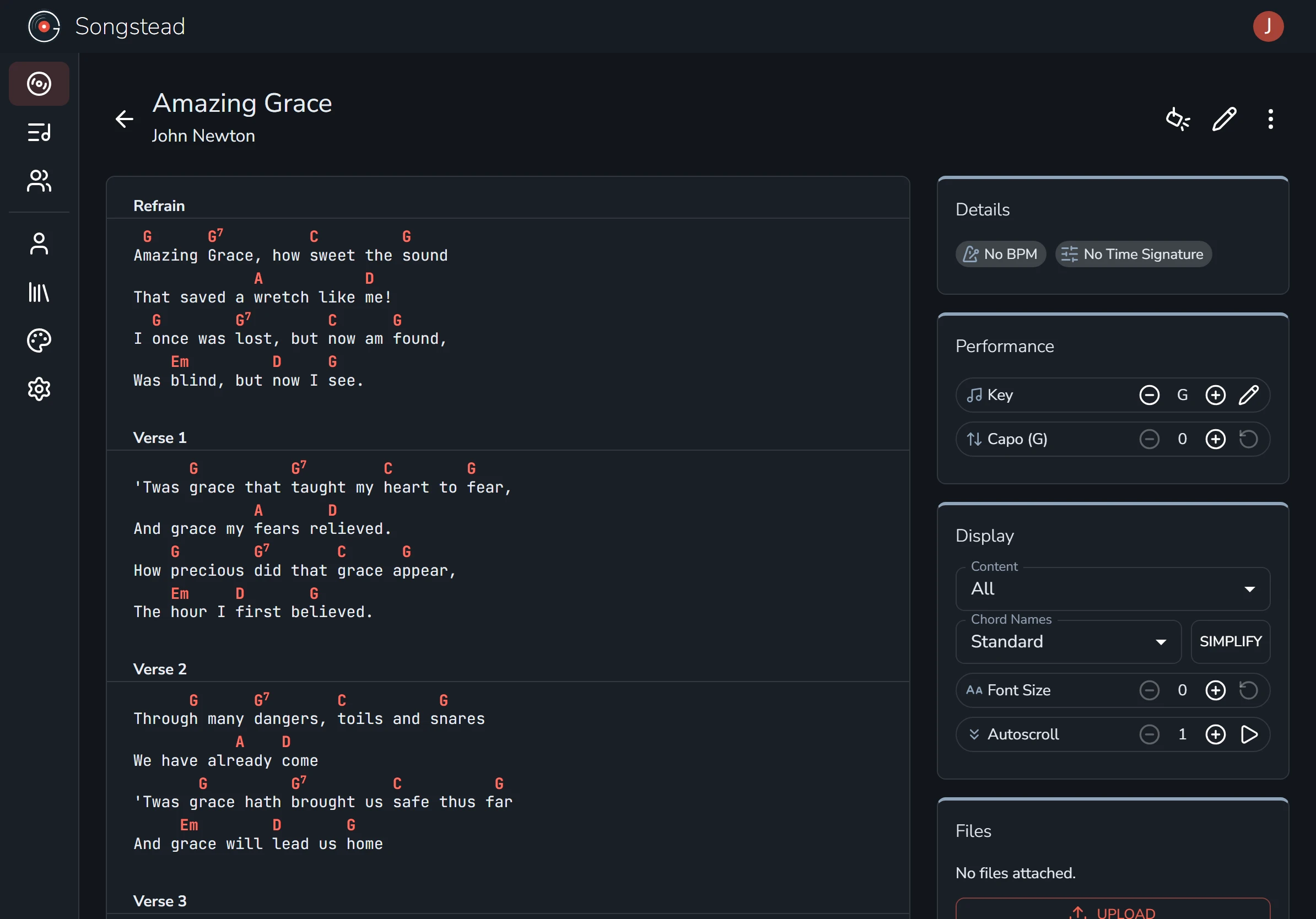 Amazing Grace open in Songstead, its chart split into Refrain, Verse 1 and Verse 2 with the chords in red above the lyrics, and its key of G, capo and display settings in a panel down the right.