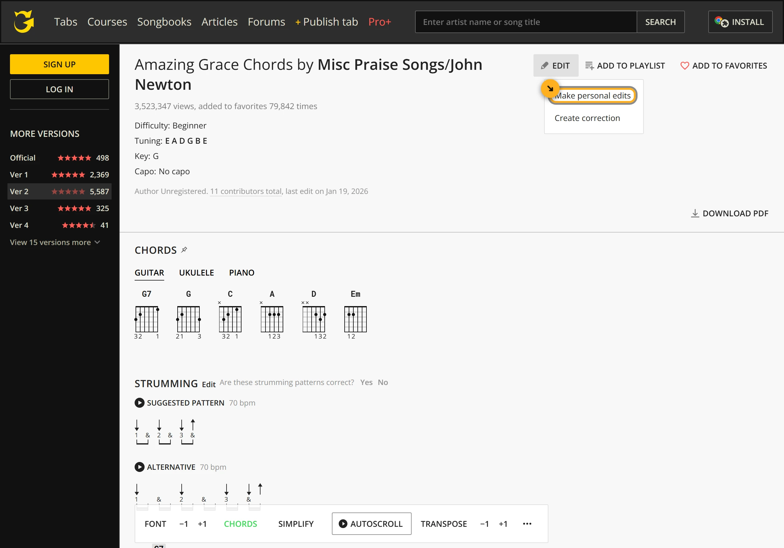 The Ultimate Guitar page for Amazing Grace, version 2, in the key of G. The Edit menu is open below the Edit button with two choices, Make personal edits and Create correction, and Make personal edits is highlighted.