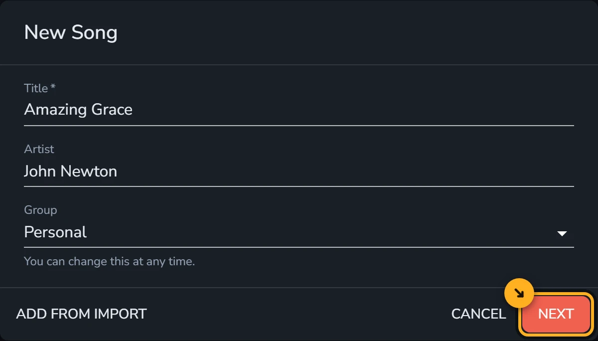 The first step of the New Song dialog, with Amazing Grace in the Title field, John Newton in the Artist field, the Group field set to Personal, and the Next button highlighted.